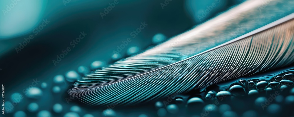 Poster Feather abstract background concept. A close-up of a colorful feather resting on droplets, showcasing delicate texture.