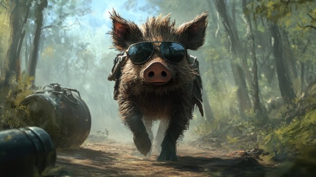 A cool boar wearing sunglasses runs down a forest path, past ammunition.