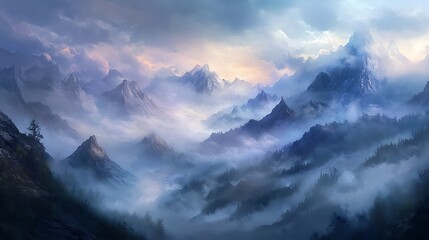 16. Dreamlike mountain landscape with dense mist obscuring the details in soft lighting