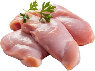 Fresh raw chicken breast fillets with a sprig of parsley, arranged on a white surface, highlighting their pink color and smooth texture.