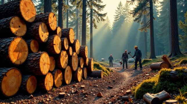Forest Workers Harvesting Timber in a Sunlit Grove