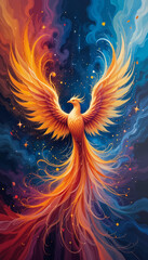 An abstract artwork depicting a beautiful phoenix reborn, symbolizing renewal and transformation,  vibrant colors, fiery reds, oranges, yellows, blues, purples, butterfly patterns, fluidity, dynamic 