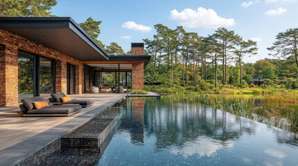 Fototapeta premium Modern forest house with pool, patio lounge, reflecting trees