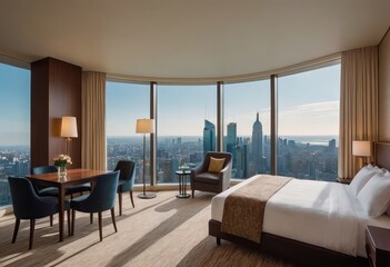 Fototapeta premium A hotel room featuring a large, comfortable bed and a desk for work