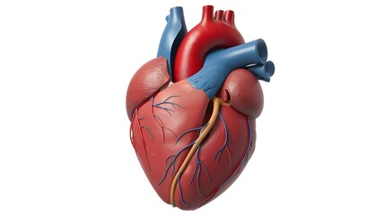 3D model of a human heart showcasing detailed anatomical features, including major blood vessels and chambers, isolated on a white background.