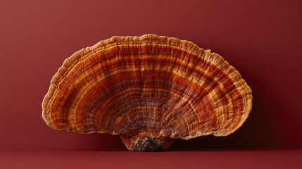 Obraz premium Single Reishi mushroom isolated on a red background, with sharp focus on its textured surface and earthy tones.