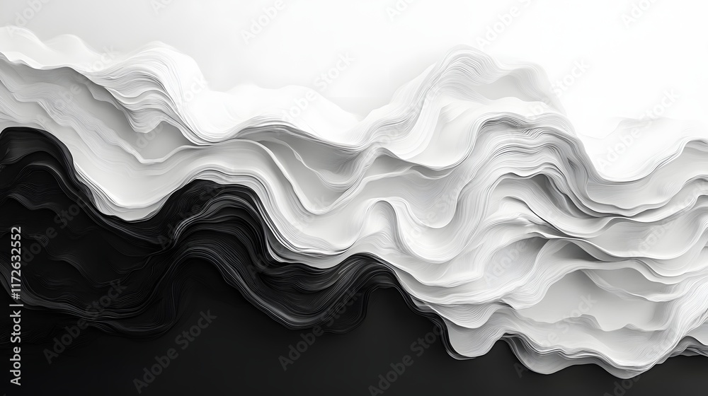 Poster Abstract Black and White Backgrounds. A mesmerizing abstract artwork featuring flowing black and white waves, creating a dynamic yet serene visual experience.