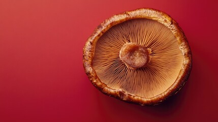 Single Reishi mushroom placed diagonally on a vivid red background, photographed with sharp focus and rich details.