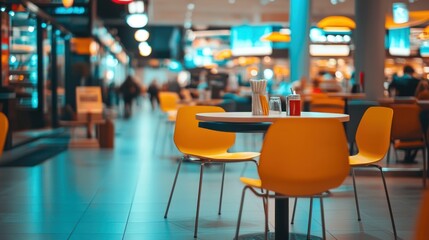 Empty food court table with yellow chairs.