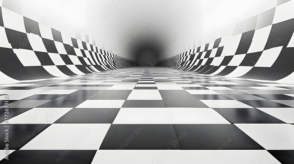 Aufkleber abstract black and white backgrounds. a 3d rendering of a checkered tunnel creating a striking visua
