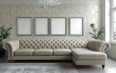 Elegant living room with beige sofa, four frames, and plants.