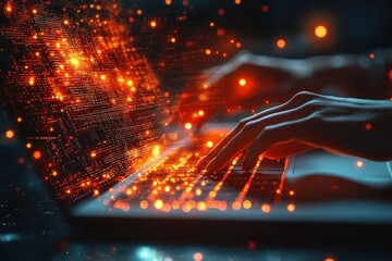 Woman's Hands Swiftly Typing on a Sleek Laptop with Dynamic Light Effects Representing Digital Creativity and Technology in a Modern Environment
