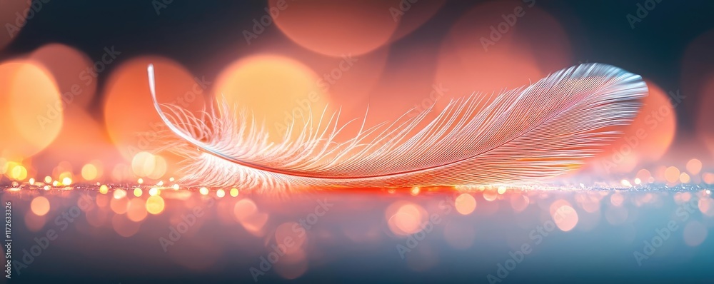 Poster feather abstract background concept. a delicate white feather resting on a shimmering surface, evoki