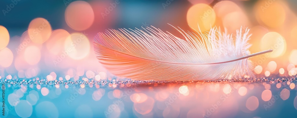 Poster Feather abstract background concept. A delicate feather on a sparkling background, evoking softness and elegance.