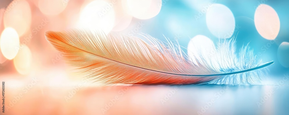 Poster Feather abstract background concept. A colorful feather resting on a surface with vibrant, blurred bokeh background.