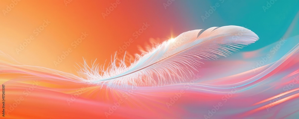 Poster feather abstract background concept. a soft feather rests gently on a colorful, dreamy background, s