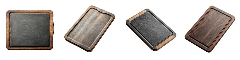 Fototapeta premium Assortment of rustic wooden trays plates and cutlery arranged in a minimalist top down composition for culinary presentation dining and hospitality concepts Empty space for adding food beverages
