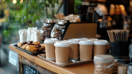 Coffee shop counter with disposable cups, pastries, and coffee beans.