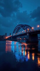 Fototapeta premium Dark bridge with glowing blue lights spanning a river at dusk, river, nighttime