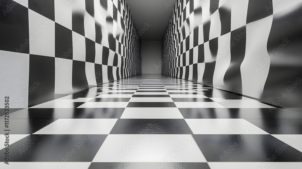 Aufkleber abstract black and white backgrounds. a 3d rendered image of an abstract checkerboard corridor with 