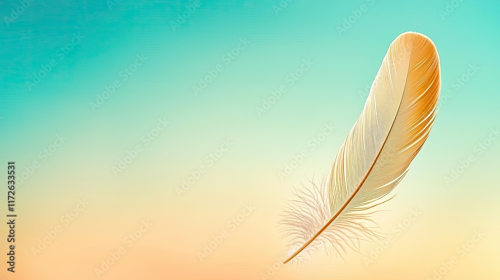 Poster feather abstract background concept. a delicate feather drifting gently in a colorful, serene sky ba