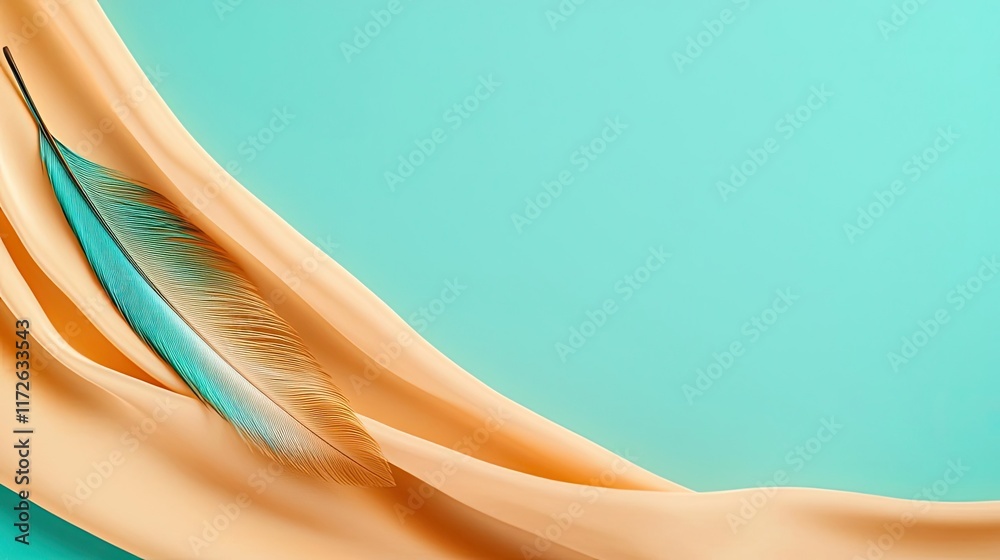 Poster Feather abstract background concept. A delicate feather rests on flowing fabric, showcasing elegance and serenity in design.