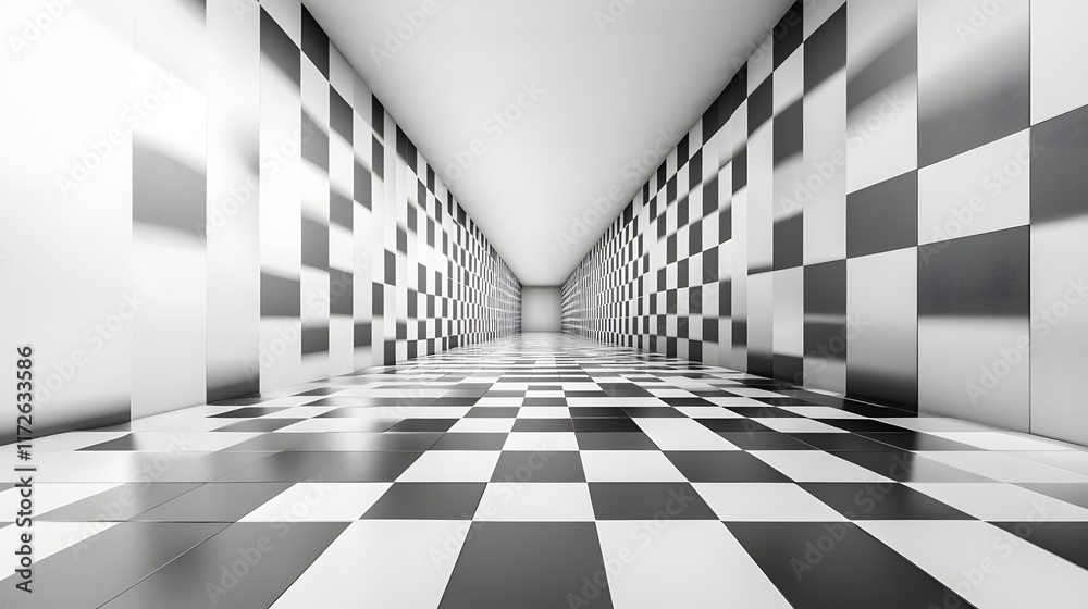 Aufkleber Abstract Black and White Backgrounds. A digital rendering of an endless hallway with a checkered black and white floor and walls creating a mesmerizing optical illusion.