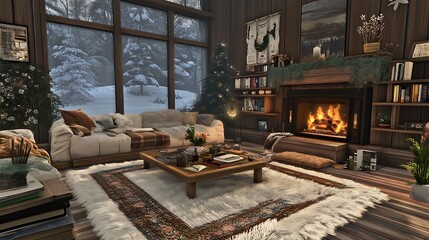 12. Living room with a coffee table, books, and a fluffy rug creating a cozy atmosphere