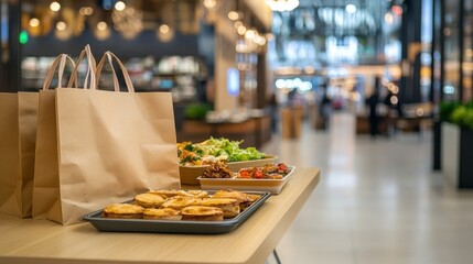 Takeout food and bags on table in modern food court.