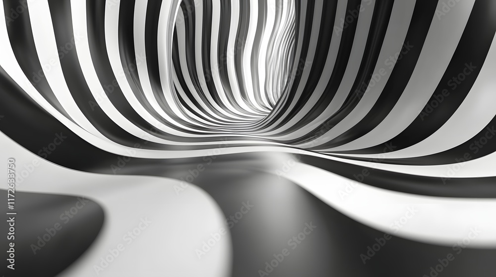 Poster Abstract Black and White Backgrounds. Abstract image of a swirling black and white striped tunnel creating a mesmerizing optical illusion.