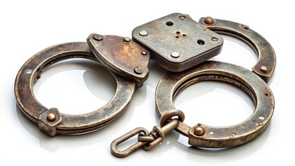 Antique handcuffs and key, a stark white backdrop showcases their age.