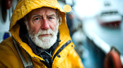 Mature Fisherman in Yellow Jacket