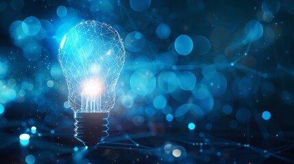Glowing Light Bulb with Blue Digital Network and Bokeh Background