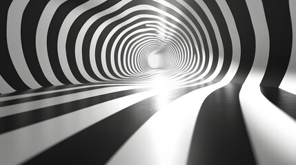 Abstract Black and White Backgrounds. A mesmerizing black and white spiral tunnel leading to a bright light. Abstract digital art, hypnotic effect