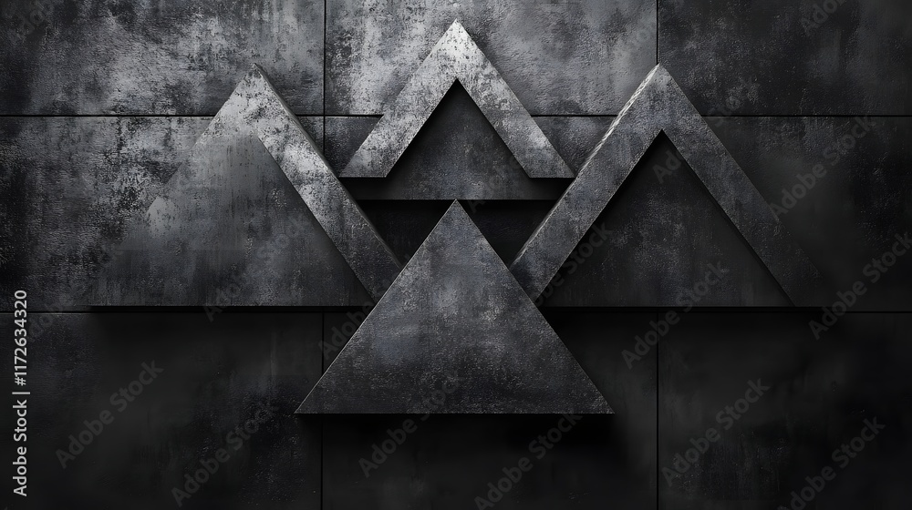 Poster Abstract Black and White Backgrounds. Abstract dark image featuring overlapping metal triangles, creating a geometric design on a grunge texture background.