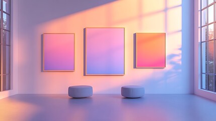 Fototapeta premium Artistic gradient display in modern gallery sunset lighting interior