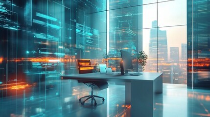 Modern Abstract Workspace with Geometric Shapes and Digital Elements