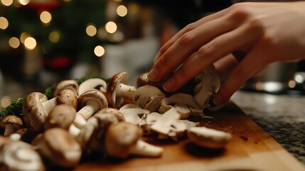 20. Close-up of hands chopping mushrooms on a cutting board in a well-lit kitchen