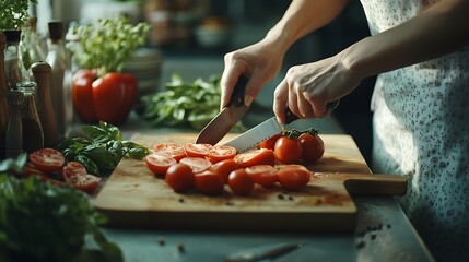 2. A person slicing tomatoes with a sharp knife on a kitchen countertop surrounded by fresh ingredients