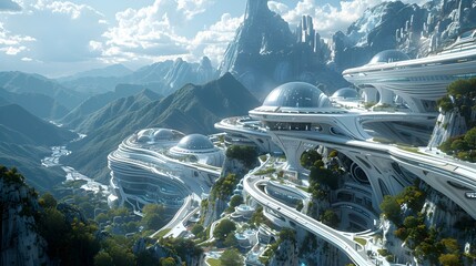 Fototapeta premium Futuristic Mountainous Cityscape with Visionary Architectural Structures Blending Seamlessly into the Landscape