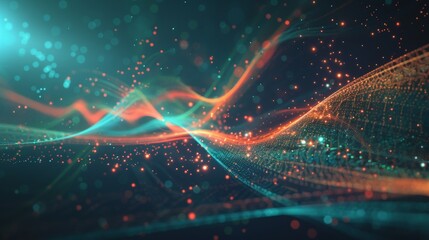 Abstract Wavy Lines Background with Glowing Dots and Teal Orange Color