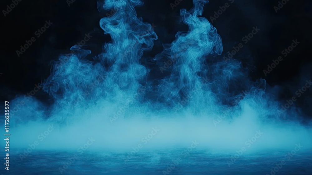 Poster smoke abstract background idea. ethereal blue smoke rising in a dark atmosphere, creating a mysterio