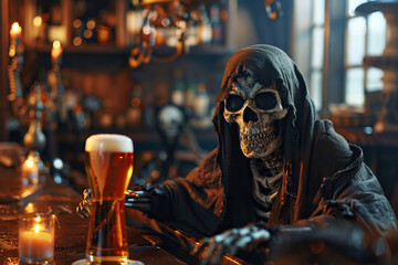 Scary grim reaper with sharp scythe in hell with dark dramatic color, abstract vivid composition consists of fictional unreal fantastic vision on background