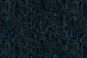 Abstract close-up of a glowing blue digital circuit board, showcasing intricate connections and technological design on a black background.
