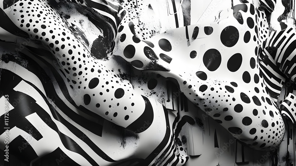 Aufkleber Abstract Black and White Backgrounds. A captivating image showcasing a swirling abstract design in black and white. Geometric patterns, dots, and stripes create a dynamic visual.