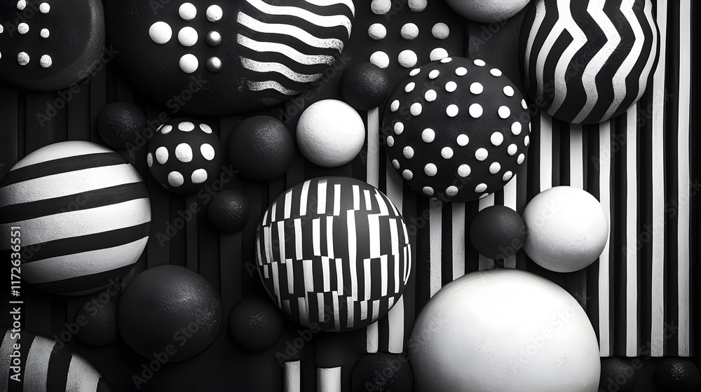 Aufkleber abstract black and white backgrounds. a captivating display of black and white spheres with various 