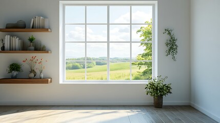 Fototapeta premium Bright sunny window view modern room interior design nature