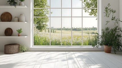 Fototapeta premium Tranquil nature view from modern window bright room scenic landscape