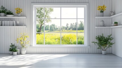 Fototapeta premium Sunny window view green fields interior design home nature