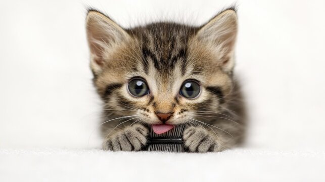 Playful kitten grooming with a comb cozy indoor setting cute animal portrait adorable feline enthusiasm